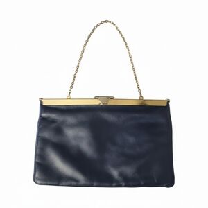 Vintage 1960s Etra Navy Genuine Leather Clutch - Gold Frame Mid-Century Mod